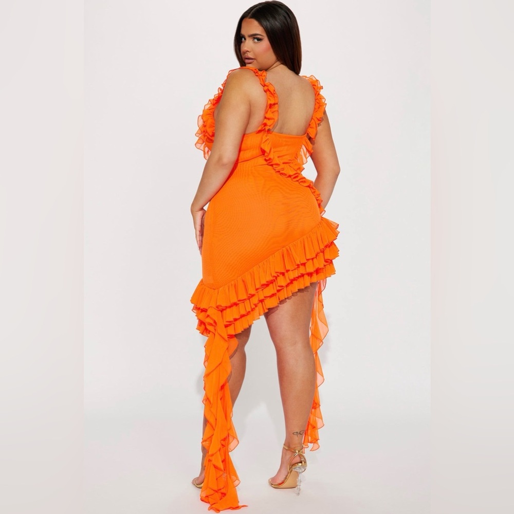 NWT Ruffled Asymmetric Orange Mini Dress - Picture 3 of 3
